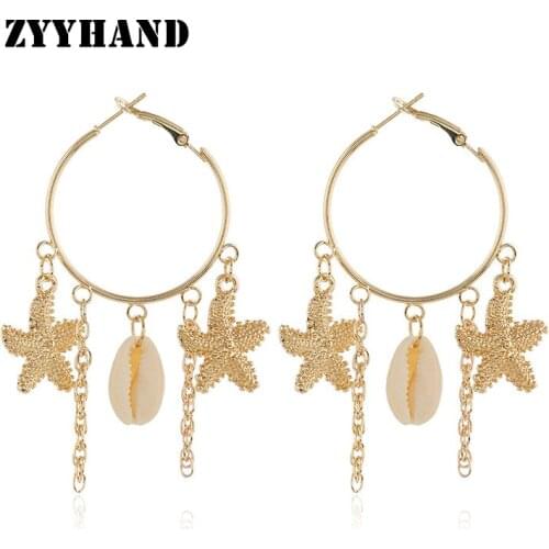 Fashion Big size round shell and starfish shape earrings women anniversary party night club jewelry lady drop earrings