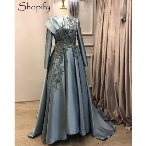 Muslim Long Evening Dress 2021 O-neck Long Sleeve Luxury Beaded Embroidery Light Blue Dubai Twill Satin Formal Evening Gowns