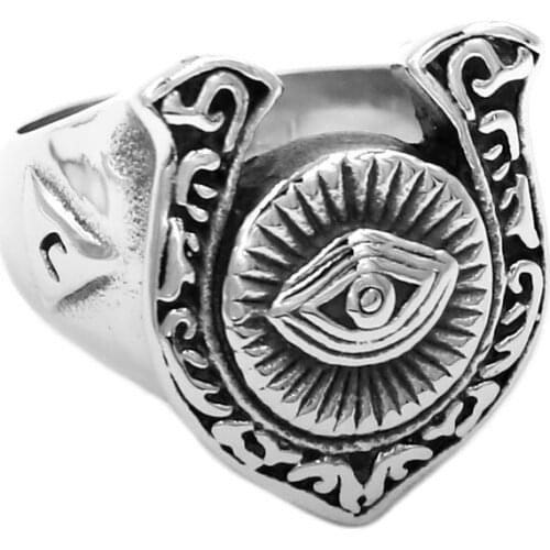 Illuminati Pyramid Eye Symbol U-Shaped Horseshoe Ring Stainless Steel Silver Color Gold Masonic Biker Men Ring Wholesale SWR0728
