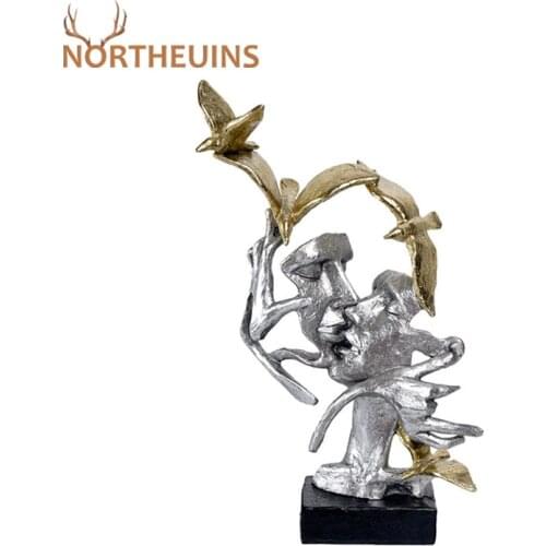 NORTHEUINS Resin Bird Couple Mask Figurines Abstract Kissing Lover Statue Retro Sliver Wedding Candlelight Dinner Decoration