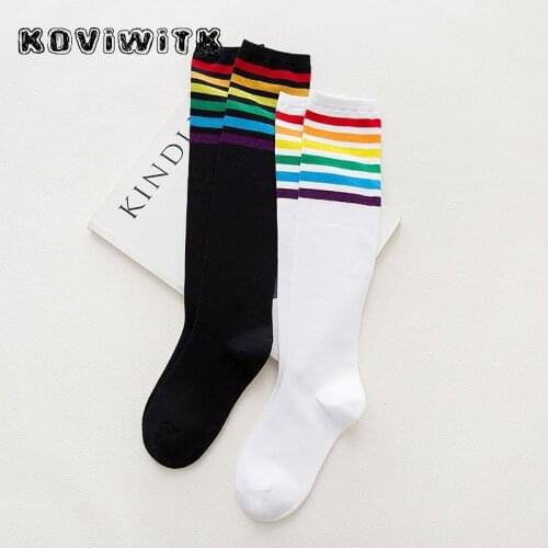 Winter Rainbow cotton socks for women Striped Black/White funny harajuku sock Girls College style Trendy wild Sport art warm sox