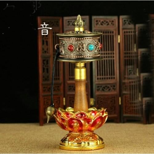 Wholesale Buddhist articles -Tibetan Buddhism efficacious Tantric talisman The mani wheel prayer wheel + lotus base statue