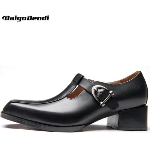 Size 5-10 Recommand! New Design Square Toe Mens Buckle Strap Heels Business Man Formal Dress Oxfords 5 Cm Heel Shoes