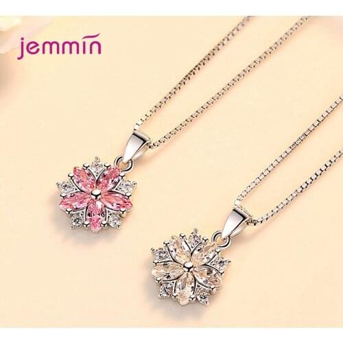 925 Sterling Silver Women Girl Pendant Necklaces Pink/White Cubic Zircon Paved 5 Leaf Flower Shaped Charming Gift Jewelry