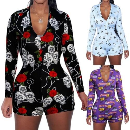 Sexy Women V-neck Bodycon Sleepwear Button Short Romper home wear Tracksuit Pajamas Leotard Long Sleeve Jumpsuit Overalls