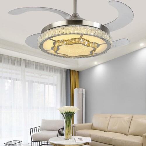 Modern and simple sand nickel color led tri-color fan chandelier 42 inch living room bedroom light luxury crystal fan lamp