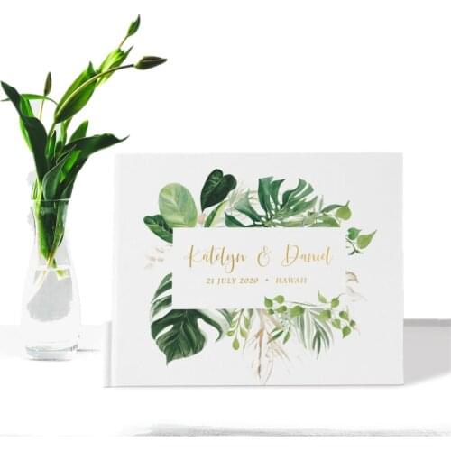 Tropical Leaf White Wedding Guest Book Alternatives,Greenery Wedding Guestbook,Personalized Groom Bride Name Wedding Guest Book