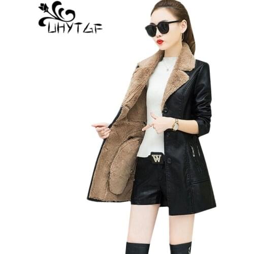 UHYTGF Womens leather jacket quality pu leather autumn winter leather jacket plus velvet casual warm windbreaker Female 3XL 937