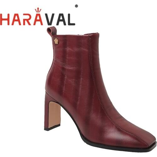 HARAVAL Ankle Boots Shoes Women Genuine Leather patchwork Basic Female Boots High Heels Square Toe Adult Strange Style E47L