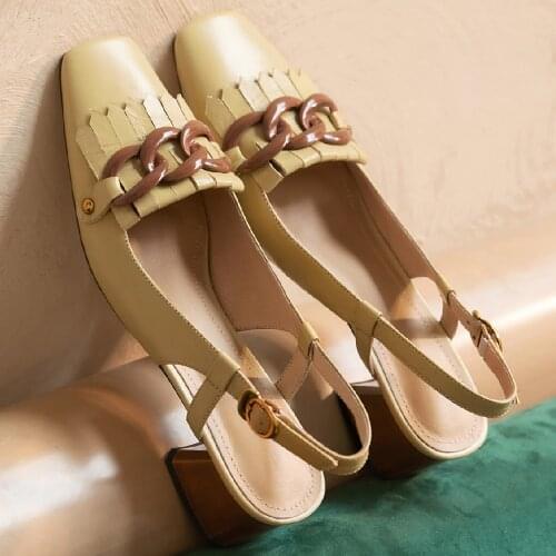 Womens genuine leather thick med heel square toe slip-on slingback pumps fringe chain decoration spring new heels shoes women