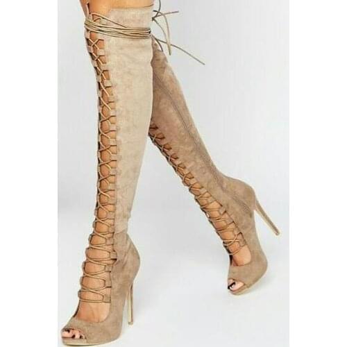 Summer 2017 Hot Sexy Women Camel Solid Color Suede Gladiator Cuts Out Peep Toe Zip Lace Up Thin Heels Knee High Boots Size 35-41