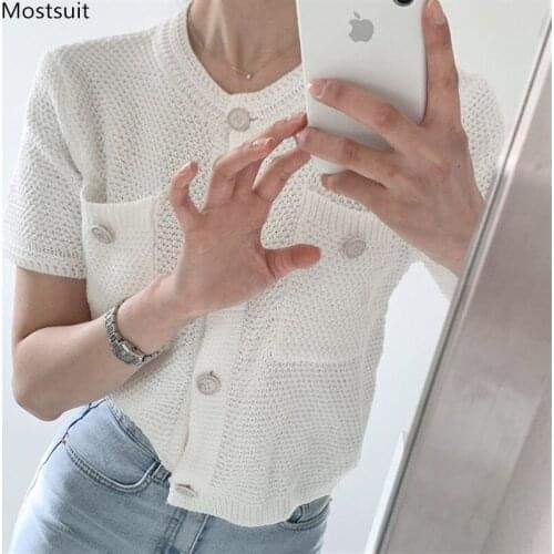 Summer Elegant Fashion Women Knitted Cardigan Korean Short Sleeve Single-breasted O-neck Pockets Sweater Black Beige White 2021
