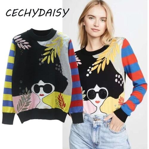 Vintage Sweater Women Embroidery Leaves Striped Long Sleeve Casual O-Neck Goth Designer Brand Knitted Pullovers Jumper Traf Tops