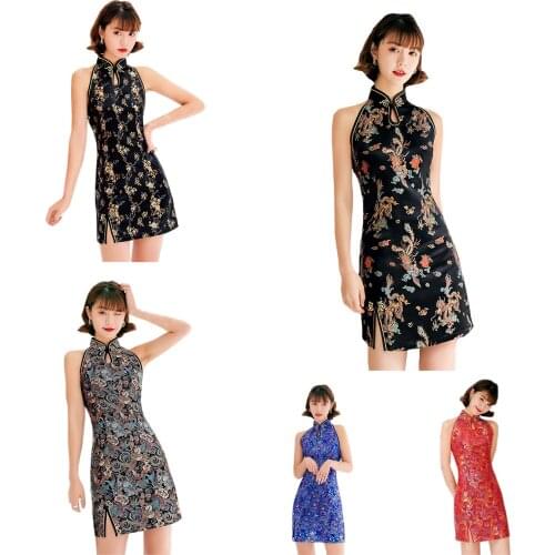 Womens Flower Brocade Satin Sleeveless Short Cheongsam Modern Qipao Party Cocktail Chinese Dresses