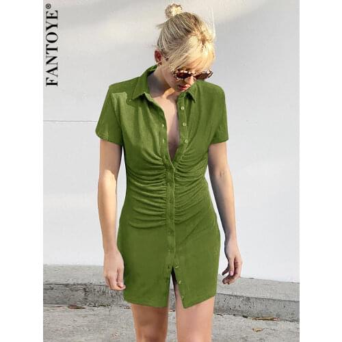 Fantoye Turn-Down Collar Ruched Mini Dress Women 2021 Elegant Short Sleeve Skinny Dresses Summer Streetwear Slim Blouse Vestidos