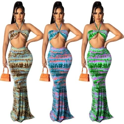 ZKYZWX Tie Dye Off Shoulder Maxi Dress Summer Vacation Outfits for Women Sexy Night Clubwear Backless Hollow Party Long Dresses