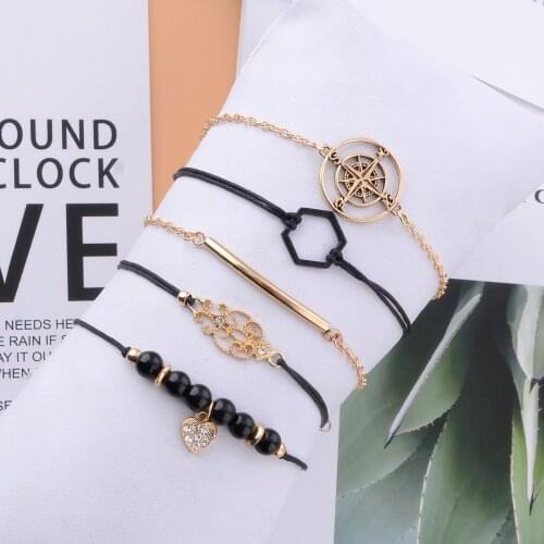 Bohemian Compass Heart Bracelet Sets for Women Weave Rope Chain Geometry Bracelets Pulseras Mujer Stone Jewelry