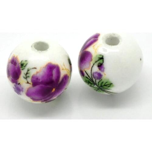 DoreenBeads 30PCs Purple Flower Pattern Round Ceramic Beads 12mm( 4/8")Dia. (B20817), yiwu