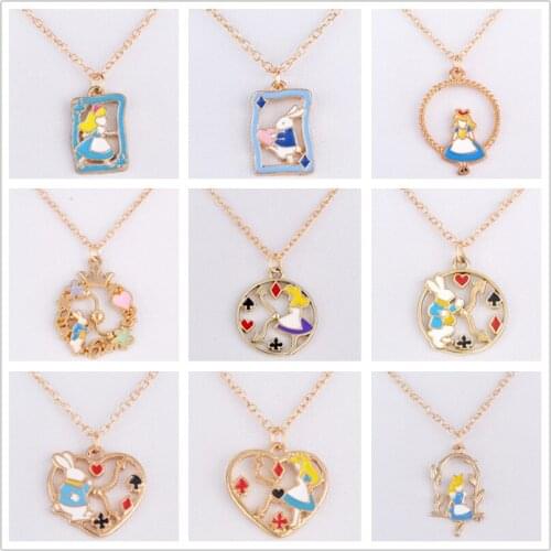 Enamel crown heart girl in wonderland necklace rabbit bunny clock poker pendant necklace choker fashion costume jewellery women