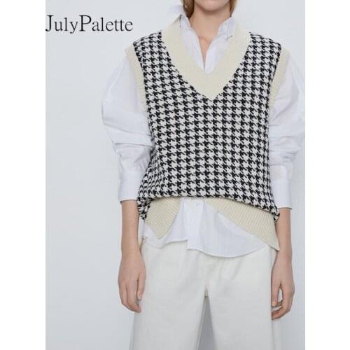 JulyPalette Oversized Houndstooth Knit Sweater Vest Autumn Female Preppy Style Y2K Jumpers V Neck Casual Loose Vintage Knitwear