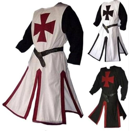Mens Medieval Warriors Knight Templar Crusader Costume Adult Gown Shirt Top Cross Tabard Surcoat Tunic Clothes Belted Plus Size