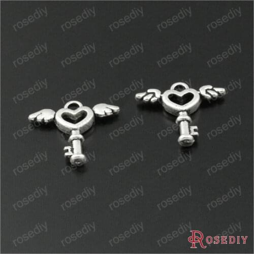 Wholesale 15*14mm Antique Silver color Heart Key with Wings Zinc Alloy Charms Pendants Diy Jewelry Findings 100 pieces(JM7715)