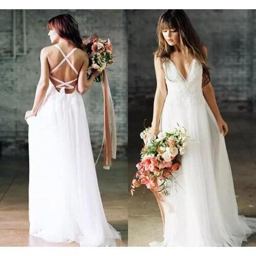 Sexy elegant beach boho wedding dresses 2020 backless lace bridal gowns for beach bohemian vestidos de mariee