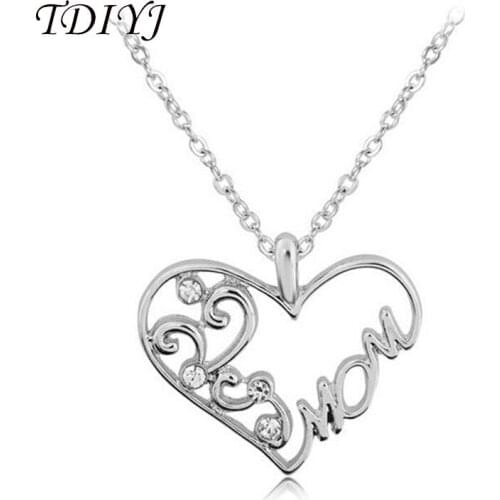 TDIYJ Trendy Love Heart "MOM" Crystal Pendant Necklace Mothers Day Gifts Rolo Chain Necklaces for Mama Jewelry 1Pcs