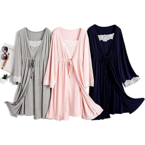 Spring Maternity Pajamas 2 Pcs Set Nursing Sling Dress+Lace Cardigan Jacket Women Sleepwear Nightwear Suit for Breastfeeding