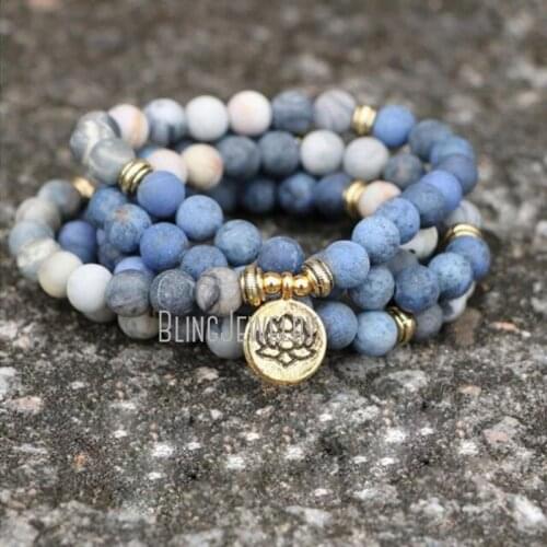J108 Beads Mala Blue Picasso Jasper Stone Healing Bracelet-spiritual Protection Meditation Balance Mental WMB36412