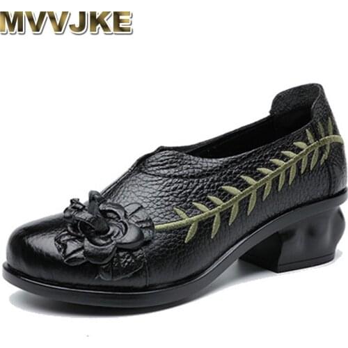 MVVJKE 2020 genuine leather Vintage hand embroider women casual pumps lace-up ladies high heel shoes women shoes