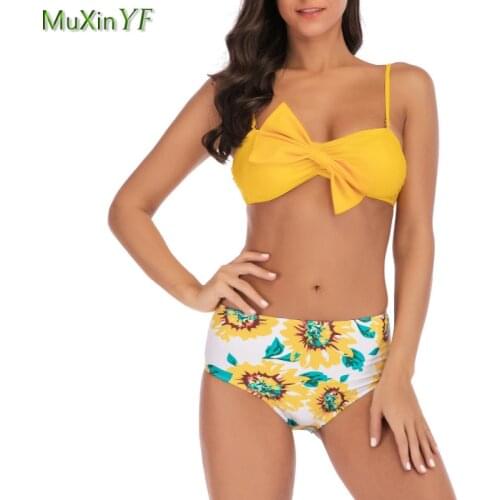 Women Fashion Bow-Knot Bikini Set 2021 Bohemian Print High Waist Two Pieces Swimwear Lady Yellow Beach Seaside Bathing Suits