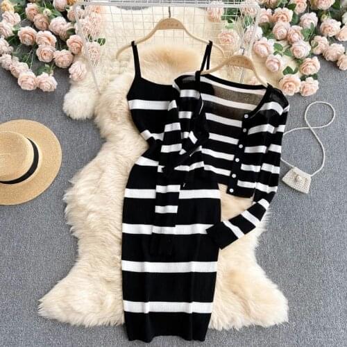 Women Black And White Striped Long Sleeve Knitted Sweater Cardigan And Spaghetti Strap Bodycon Midi Dress Suits Two Pieces Sets