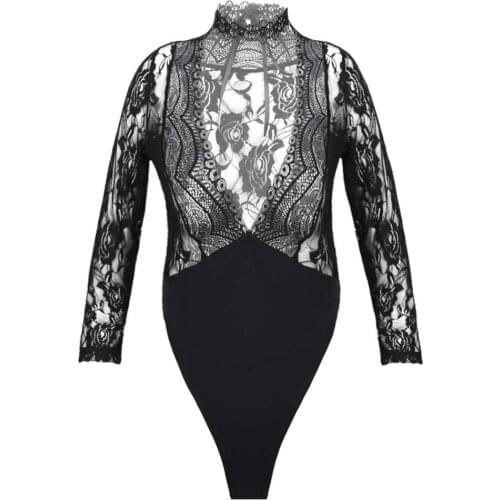 Alvivi Lace Patchwork Bodysuit Women Deep V Neck Sexy Bodycon See-through Long Sleeve Lingerie One Piece Jumpsuit with Neck Ring