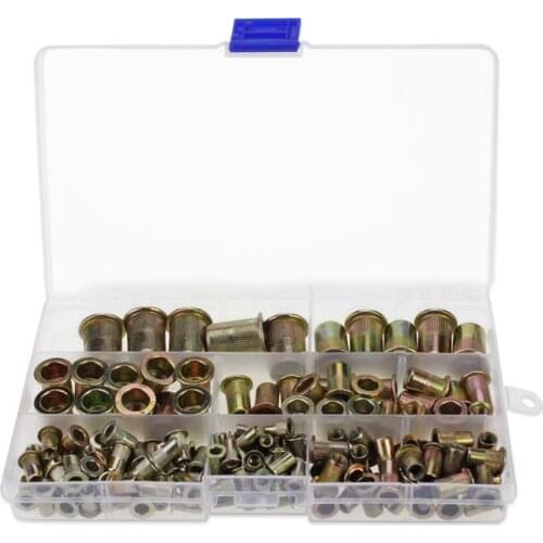 150PCS/Set M3 M4 M5 M6 M8 M10 M12 Color Zinc Flat Head Rivet Nut Threaded Insert Rivet Nuts Assortment Set with Storage Box