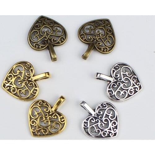 30pcs/lot Zinc Alloy Hollow Out Heart Antique Silver / Gold / Bronze Pendants Charms Findings for DIY Bracelet Jewelry Making