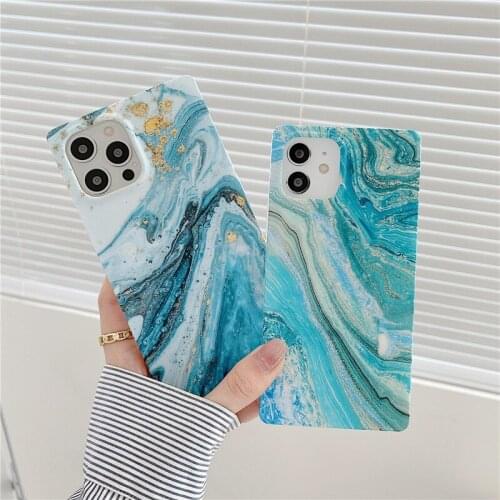 Flowery Marbling Square Phone Case For iPhone 11 12 Pro X XR XS Max 7 8 Plus SE 2020 Soild Blue Green Shockproof Soft IMD Cover