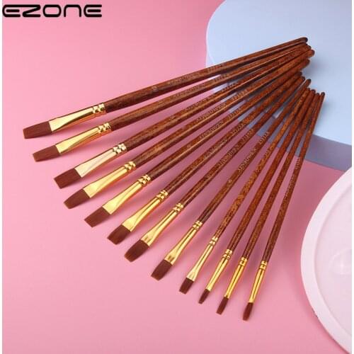 EZONE 12PCS Wooden Pole Nylon Wool Flat Head Round Head Watercolor Brush Art Acrylic Gouache Oil Watercolor Painting Supplies