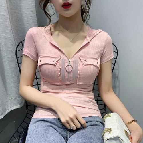 Gkfnmt Zipper Hooded Deep V-Neck Pocket Tshirt Femme T Shirt Women Cotton Slim T-Shirt Lady Summer Casual Camiseta Feminina Pink