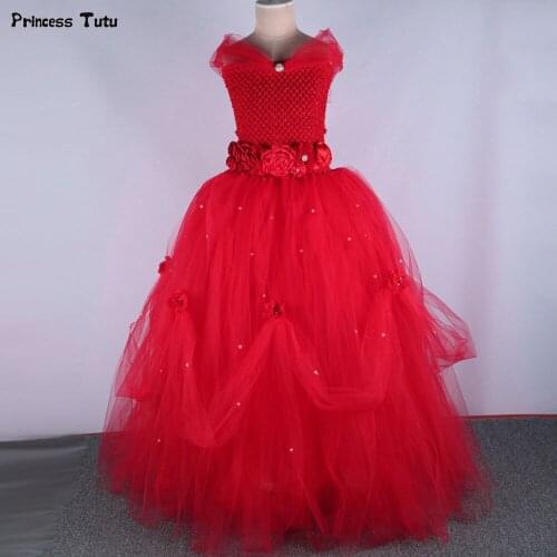 Red Tulle Flower Girl Dress Sleeveless Princess Tutu Dress Girl Kids Ball Gown Pageant Party Wedding Dress for Children 1-14Year