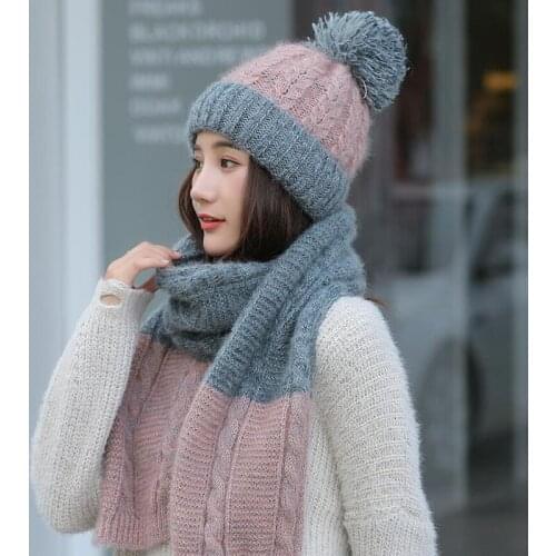 Hot Ski Girl 2018 New Brand Color matching Knitted Hats Scarf Hat Set Womens Winter Hat Thick Beanie Skullies Female Hood