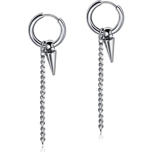 Punk Stainless Steel Rivet Chain Pendant Hoop Earrings For Man Trendy Party Ear Jewelry Gift Drop Shipping