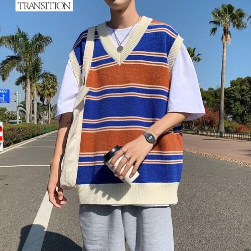 2021 autumn new mens Korean loose striped V-neck sweater pullover vest