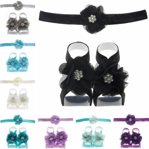 Nishine 3pcs/set New Newborn Toddler Chiffon Artifical Flower Barefoot Sandal with Elastic Flower Headband Baby Kids Photo Props
