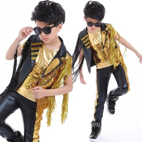 Boys Hop Hop Clothing Gold Sequins Tassel Suit Stage Dance Costume For Children Drums Street Dance Performance Model Show Wear