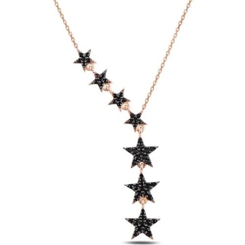 Silver 925 Sterling Shooting Stars Black Zircon Stone Dangle Necklace