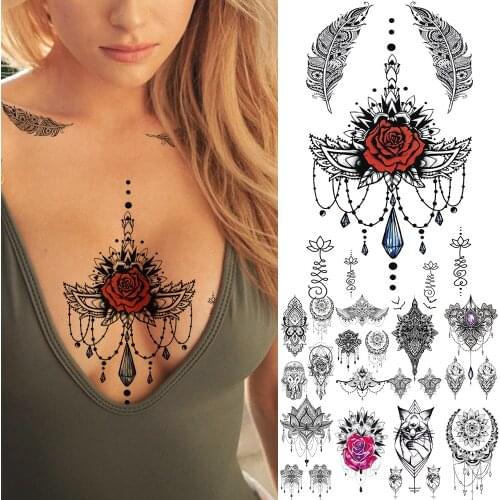 Fake Jewelry Rose Henna Flower Realistic Tattoo Stickers For Women Lady Feather Tatoo Diamond Elephant Flower Temporary Tattoos