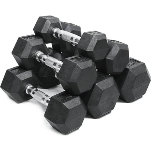 35KG Environmental Rubber Coated Cast Iron Hexagonal Professional Dumbbell with Metal Handle