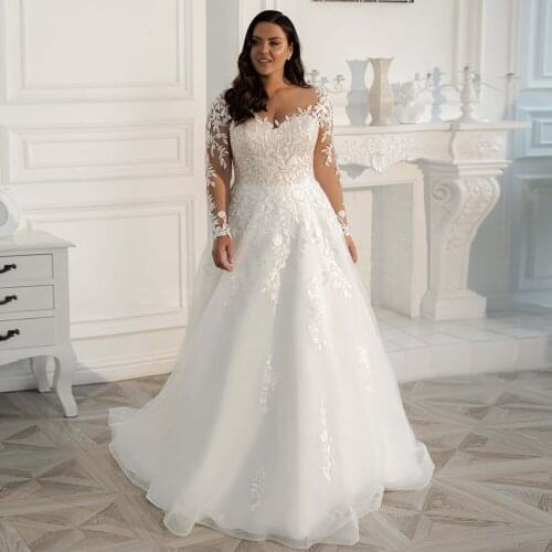 Plus Size Wedding Gowns Long Sleeves 2020 New Wedding Dress Custom Made Sweep Train A-line Lace Bridal Gown