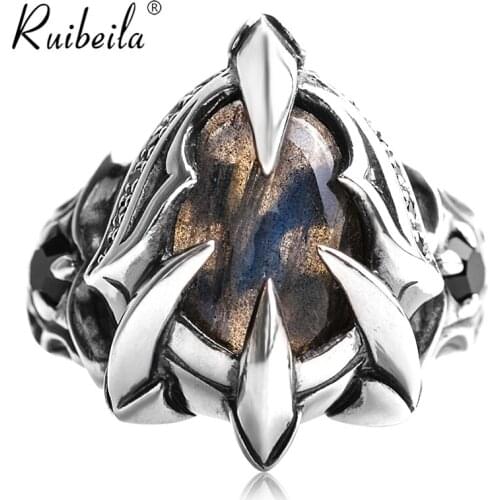 Ruibeila925 argent hommes hip-hop rétro bête griffe pierre précieuse anneau ouverture réglable bijoux bijoux cadeau anneau